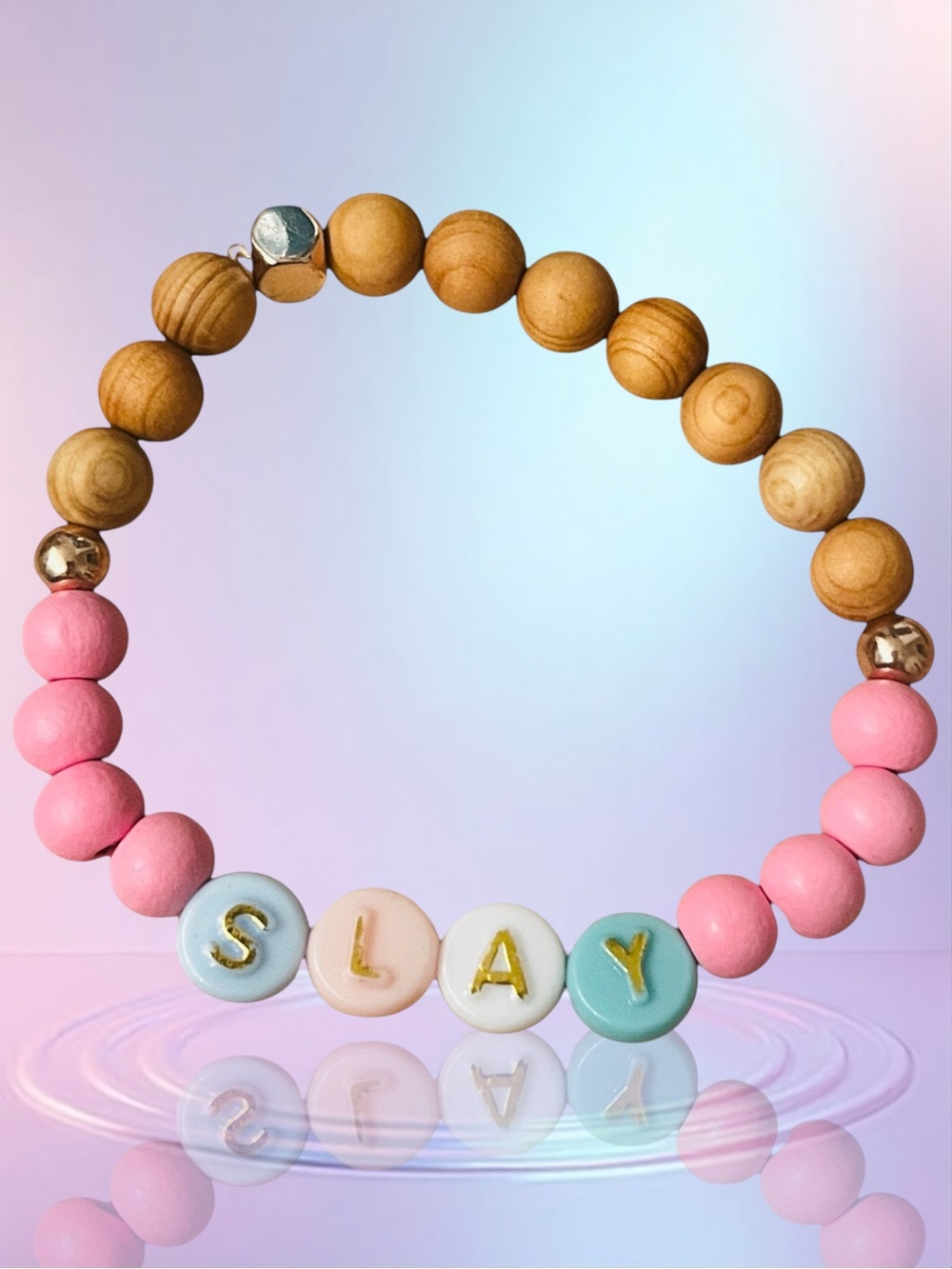 SLAY Pink & Natural Wood Beaded Bracelet